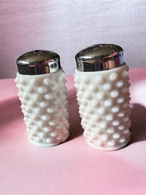 Fenton White Hobnail Milk Glass Salt and Pepper Shakers with Silver Tops